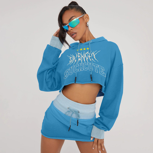 Letter print personalized street hooded short cut with exposed navel and long sleeved hoodie, high waisted and buttocks wrapped skirt set