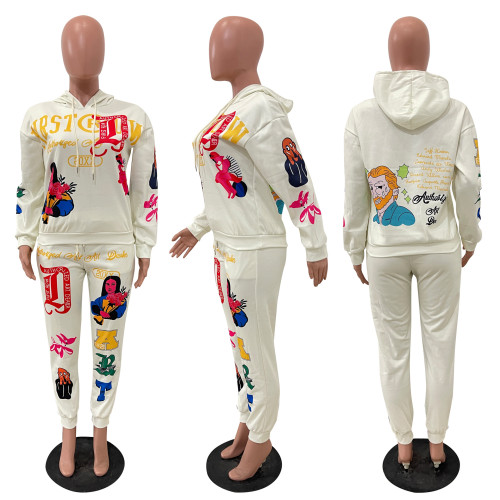 Casual printed autumn and winter long sleeved hoodie two-piece set