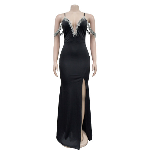 Women's solid color tassel suspender long dress
