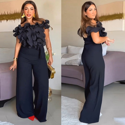 Sexy slim fit lace strap off shoulder wide leg pants jumpsuit