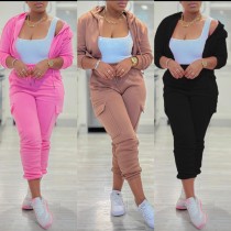 German velvet zippered drawstring jacket and multi bag workwear pants