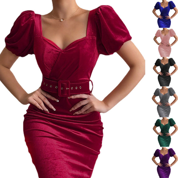 Waist tied low neck bubble sleeve velvet wrap buttocks dress