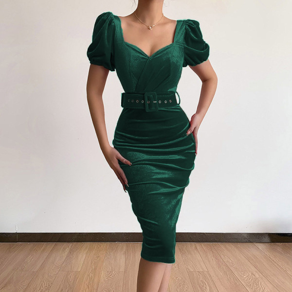 Waist tied low neck bubble sleeve velvet wrap buttocks dress