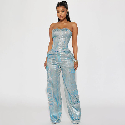 High waisted style straight tube splicing with multiple pockets, heavy industry trend fashion denim pants vest set