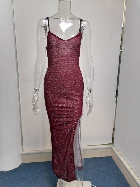 Split high waisted formal dress with V-neck suspender dress