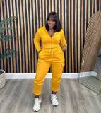 Women's plush sweatshirt, work pants pocket set, solid color two-piece set