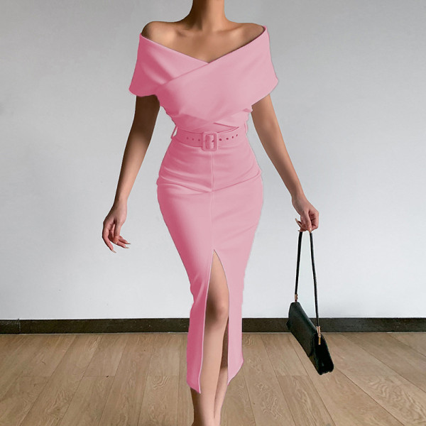 Off shoulder belt slit skirt