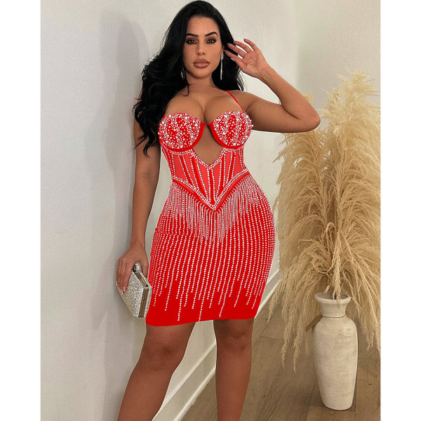 Women's solid color mesh hot diamond strap short skirt dress