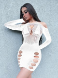 Short skirt, buttocks wrapped skirt, mesh shirt, hollowed out, sexy, seductive, and long sleeved
