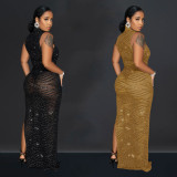 Women's solid color mesh hot diamond sleeveless long dress dress