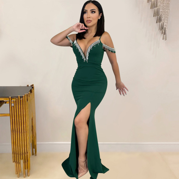 Women's solid color tassel suspender long dress