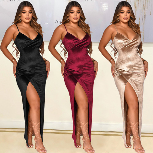 Women's sexy suspender with solid velvet irregular long skirt