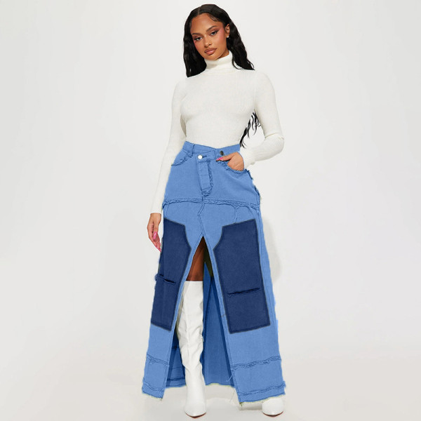 High waisted zippered split A-line loose denim skirt long skirt