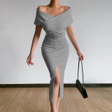Off shoulder belt slit skirt