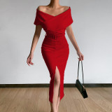 Off shoulder belt slit skirt