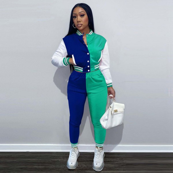 Two piece set of long sleeved baseball jersey with breasted splicing