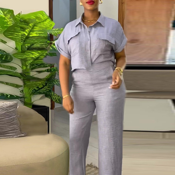 Polo collar short sleeved shirt wide leg long pants fashion set