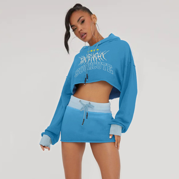 Letter print personalized street hooded short cut with exposed navel and long sleeved hoodie, high waisted and buttocks wrapped skirt set