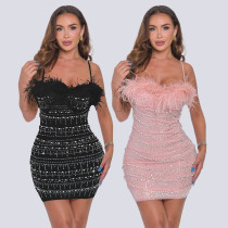 Sexy slim fit hot diamond feather strap wrapped buttocks pearl dress Sexy slim fit hot diamond feather strap wrapped buttocks pearl dress