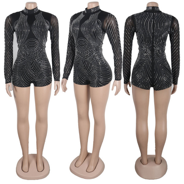 Sexy slim fit hot diamond perspective elastic jumpsuit