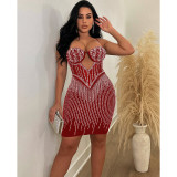 Women's solid color mesh hot diamond strap short skirt dress