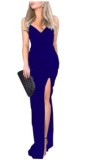 Split high waisted formal dress with V-neck suspender dress