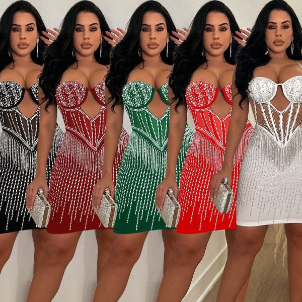 Women's solid color mesh hot diamond strap short skirt dress