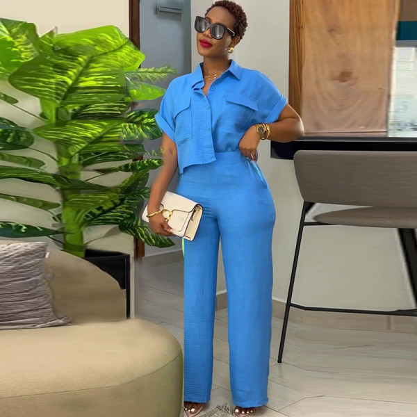 Polo collar short sleeved shirt wide leg long pants fashion set