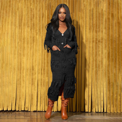 Deep V-tassel buckle high waisted slit dress