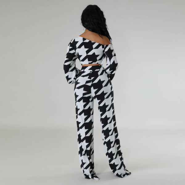 Sexy printed plaid strap diagonal shoulder set