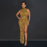 Women's solid color mesh hot diamond sleeveless long dress dress