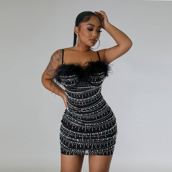 Sexy slim fit hot diamond feather strap wrapped buttocks pearl dress