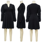 V-neck bat sleeve solid color dress