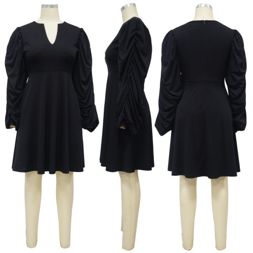 V-neck bat sleeve solid color dress