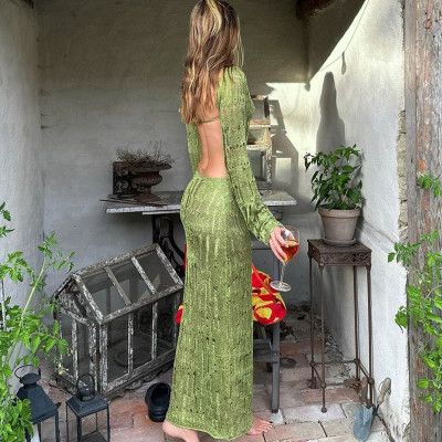 Open back long sleeved long woolen knit dress