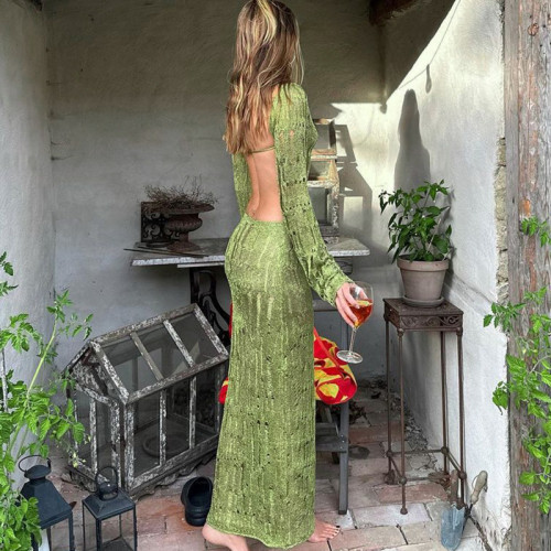 Open back long sleeved long woolen knit dress