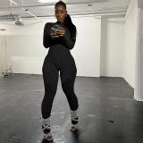 Slim fit long sleeved woolen knit back drawstring jumpsuit