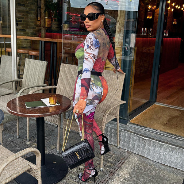 Butterfly printed long sleeved top and pants tight casual suit