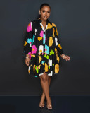 Colored printed V-neck long sleeved large hem half length dress