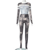 Printed tight fitting long sleeved top and pants casual suit