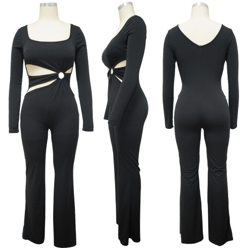 Women's sexy waist revealing slim fitting long sleeved jumpsuit