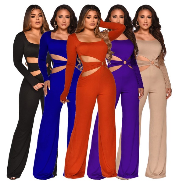 Women's sexy waist revealing slim fitting long sleeved jumpsuit