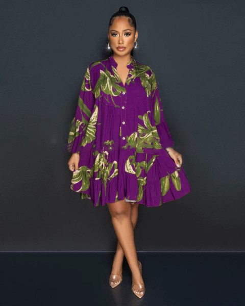 Colored printed V-neck long sleeved large hem half length dress