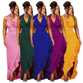 Swinging collar hanging neck dress sexy backless ruffled edge dress
