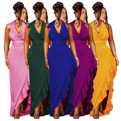 Swinging collar hanging neck dress sexy backless ruffled edge dress