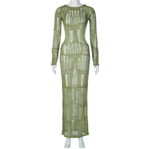 Open back long sleeved long woolen knit dress