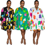 Colored printed V-neck long sleeved large hem half length dress