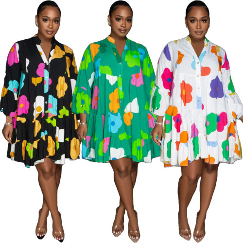 Colored printed V-neck long sleeved large hem half length dress
