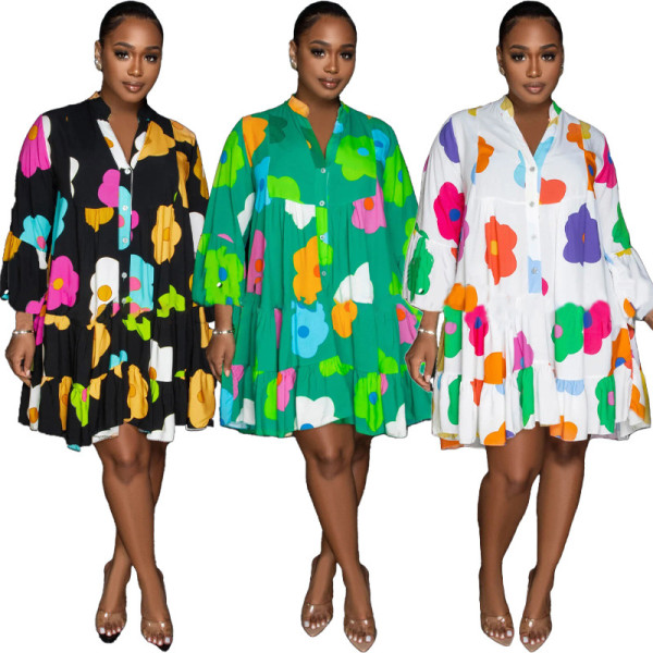 Colored printed V-neck long sleeved large hem half length dress