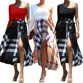 Single Shoulder Printed Split Dress